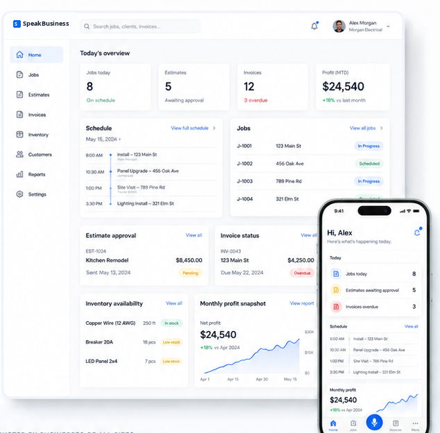 SpeakBusiness desktop dashboard and mobile app preview